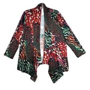 One World Sweater Women 2X Red Animal Print Open Front Waterfall Hem Casual Boho